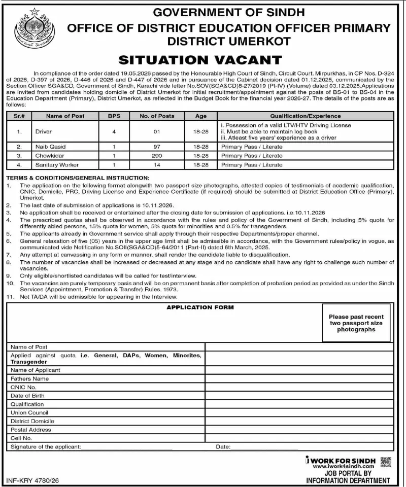 Job advertisement for Office of the District Education Officer (Primary), District Umerkot, Government of Sindh - Dawn October 28, 2026