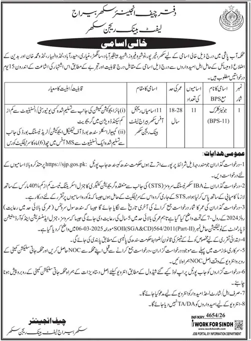 Job advertisement for Irrigation Department, Government of Sindh - Daily Jang October 28, 2026