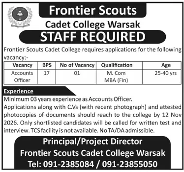 Job advertisement for Frontier Scouts Cadet College Warsak - Daily Mashriq October 28, 2026