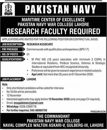 Job advertisement for Pakistan Navy War College - The News International October 28, 2026
