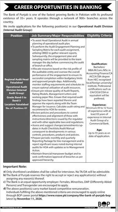 Job advertisement for The Bank of Punjab (BOP) - Daily Jang October 28, 2026