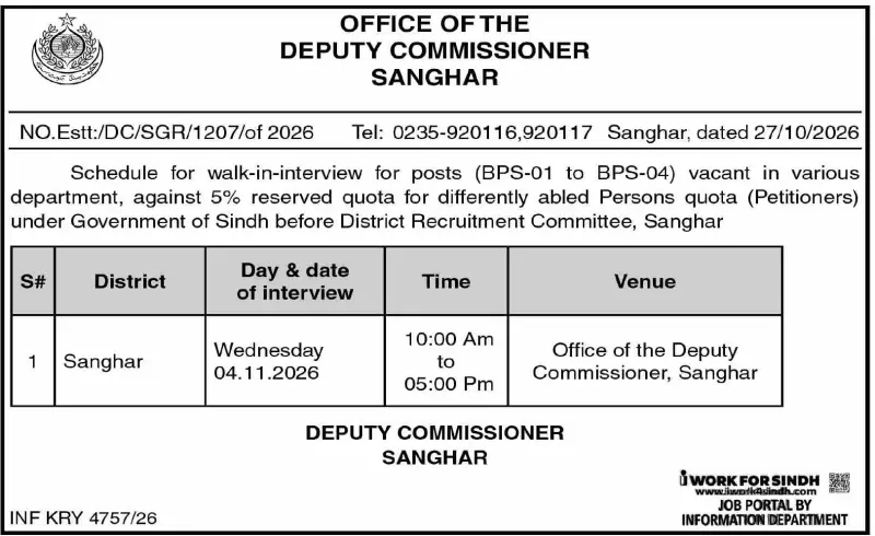 Job advertisement for Office of the Deputy Commissioner Sanghar - Dawn October 28, 2026
