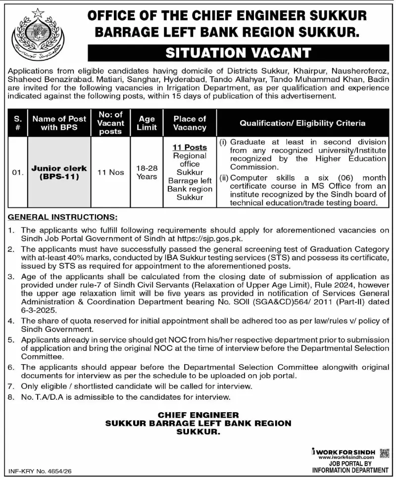 Job advertisement for Irrigation Department - Dawn October 28, 2026