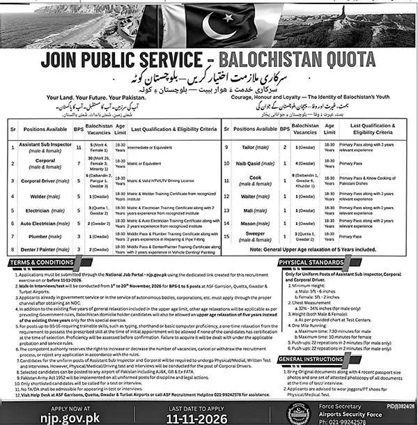Job advertisement for Airports Security Force (ASF) - Daily Dunya October 28, 2026