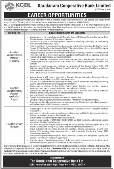 Job advertisement for Karakoram Cooperative Bank Limited (KCBL) - The Express Tribune October 28, 2026