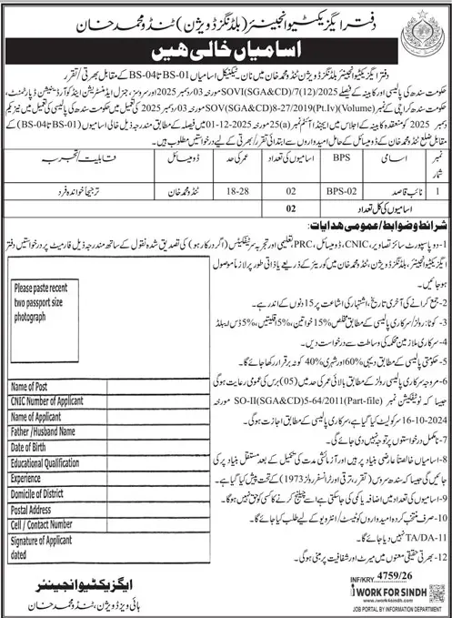 Job advertisement for Office of the Executive Engineer, Buildings Division, Tando Muhammad Khan - Daily Jang October 28, 2026