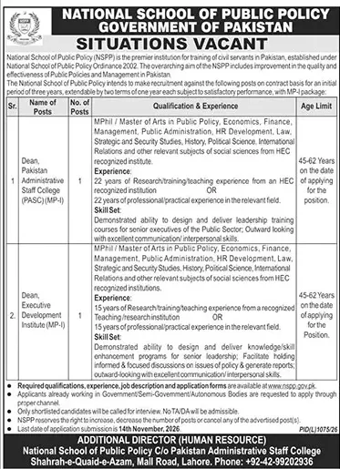 Job advertisement for National School of Public Policy (NSPP) - The News International October 28, 2026