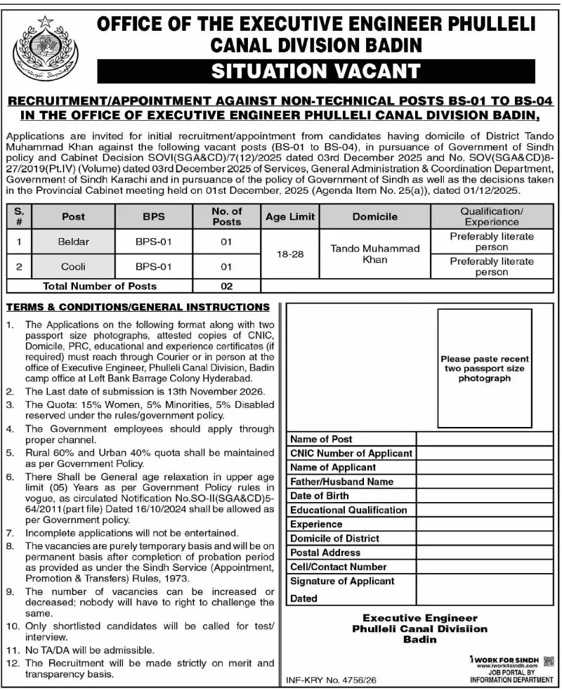 Job advertisement for Office of the Executive Engineer, Phulleli Canal Division, Badin - Dawn October 28, 2026