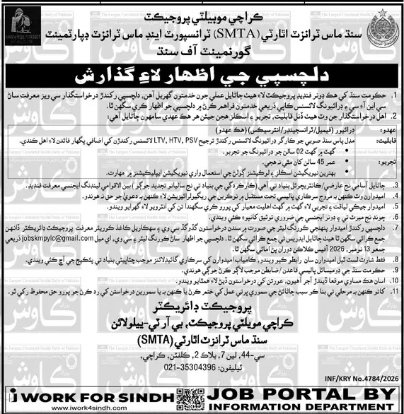 Job advertisement for Sindh Mass Transit Authority (SMTA) - Daily Kawish October 28, 2026