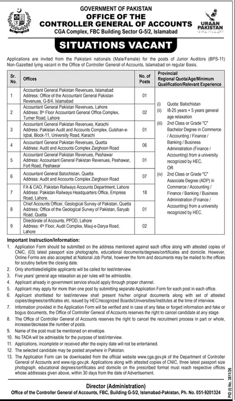 Job advertisement for Office of the Controller General of Accounts - Daily Dunya October 28, 2026