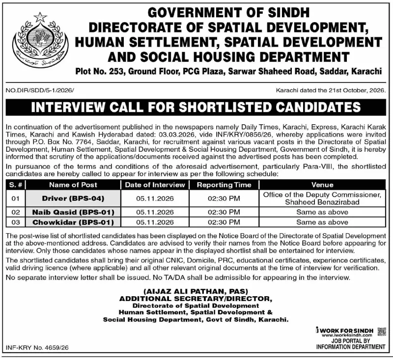 Job advertisement for Directorate of Spatial Development, Government of Sindh - Dawn October 28, 2026