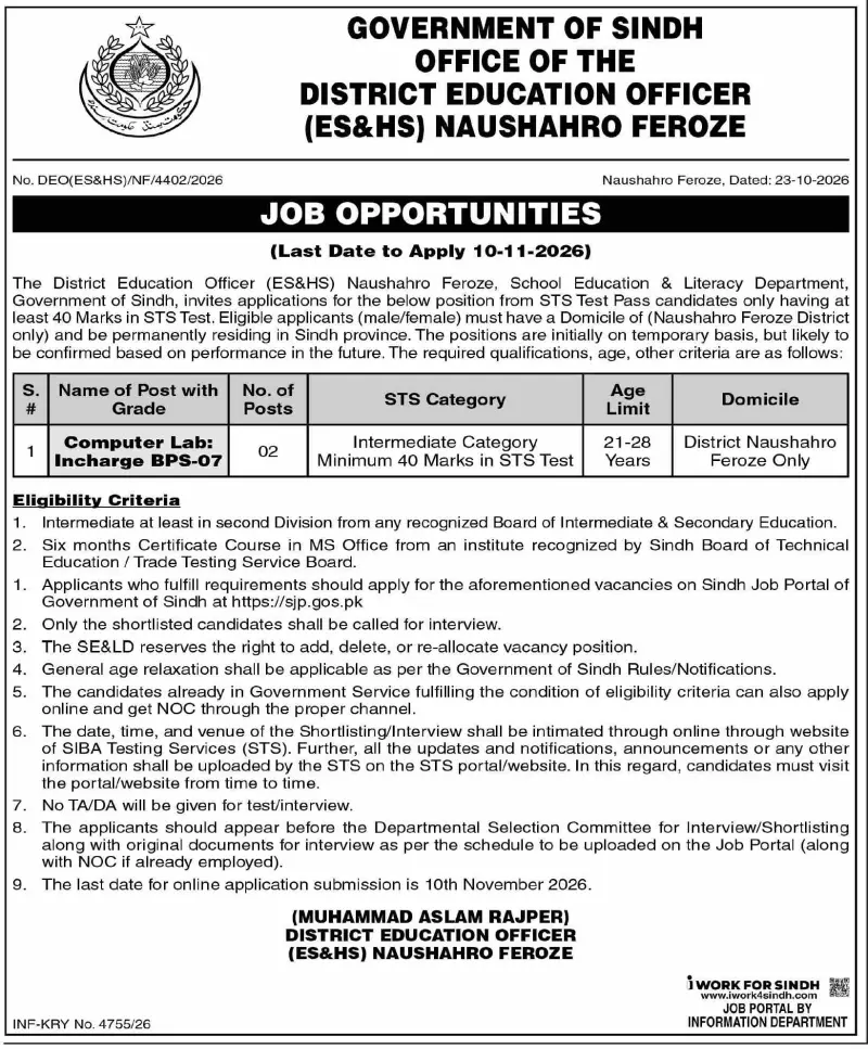 Job advertisement for Office of the District Education Officer (ES&HS), Naushahro Feroze - Dawn October 28, 2026