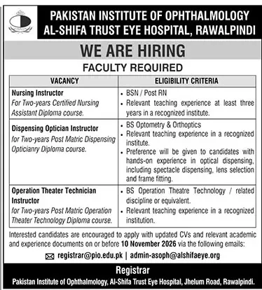 Job advertisement for Pakistan Institute of Ophthalmology, Al-Shifa Trust Eye Hospital - The News International October 28, 2026