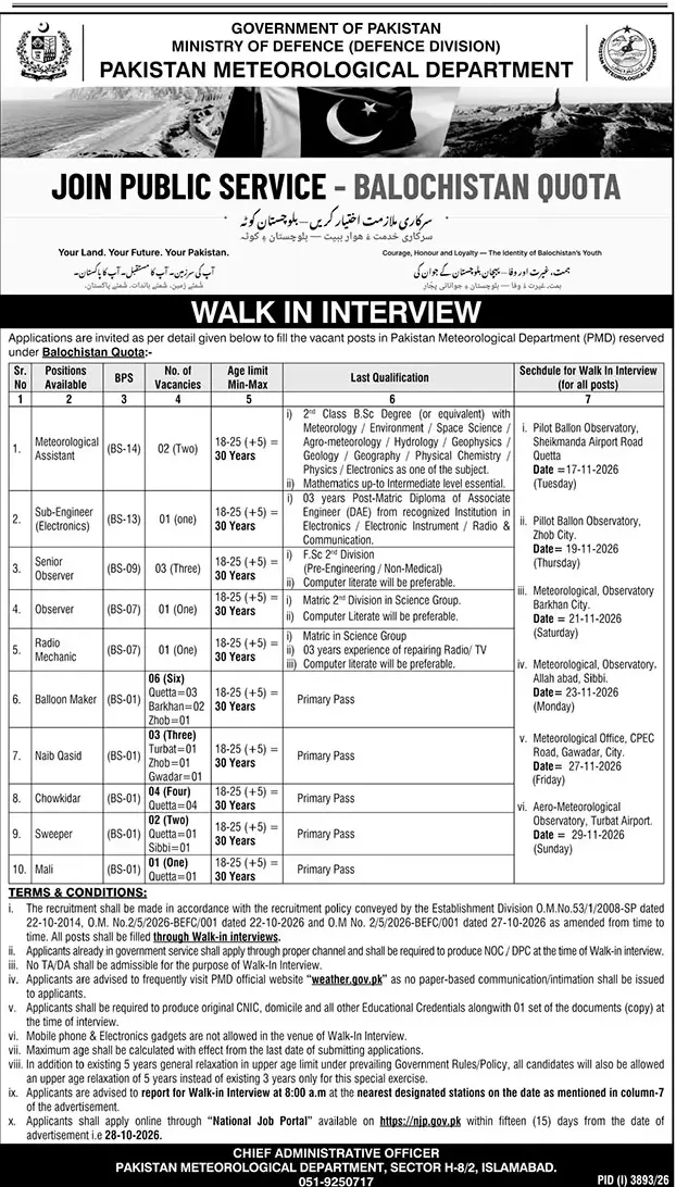 Job advertisement for Pakistan Meteorological Department (PMD) - The News International October 29, 2026