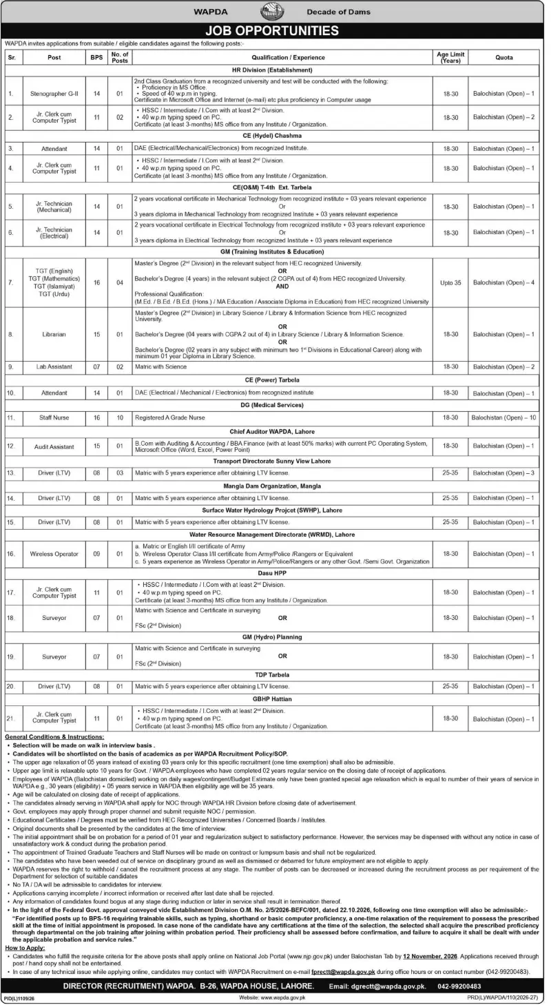 Job advertisement for Water and Power Development Authority (WAPDA) - Dawn October 29, 2026
