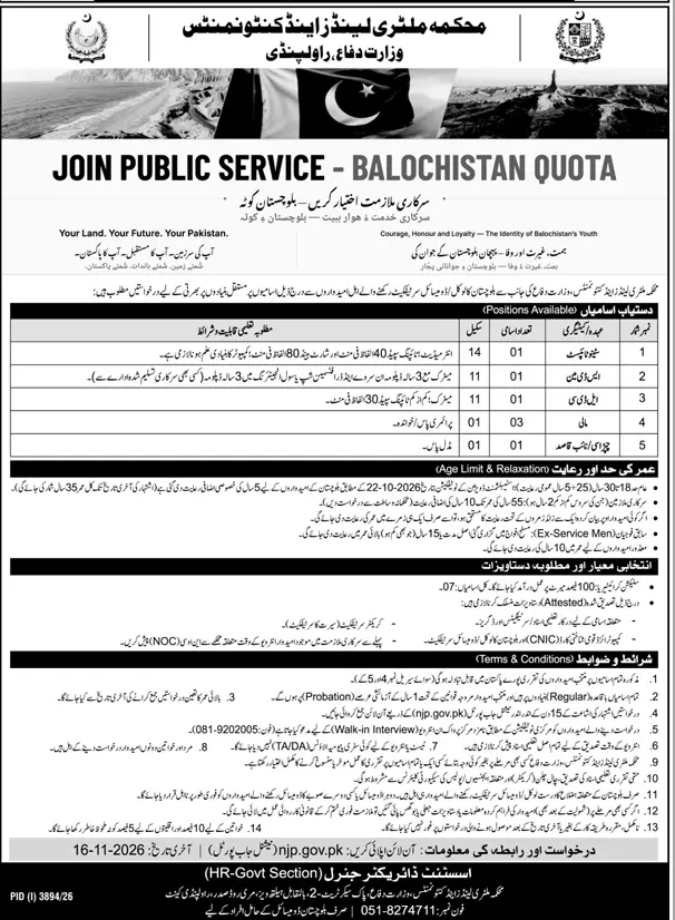 Job advertisement for Military Lands and Cantonments Department, Ministry of Defence - Daily Dunya October 29, 2026
