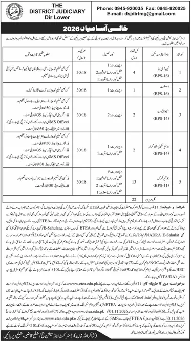 Job advertisement for District Judiciary Dir Lower - Daily Mashriq October 29, 2026