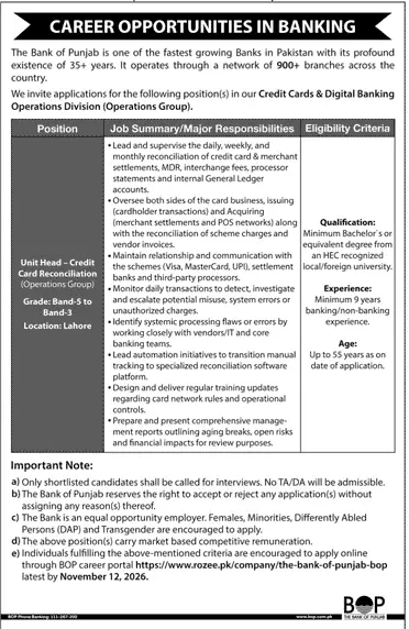 Job advertisement for The Bank of Punjab (BOP) - Daily Jang October 29, 2026