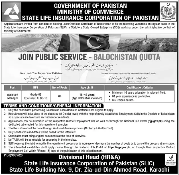 Job advertisement for State Life Insurance Corporation of Pakistan (SLIC) - The News International October 29, 2026