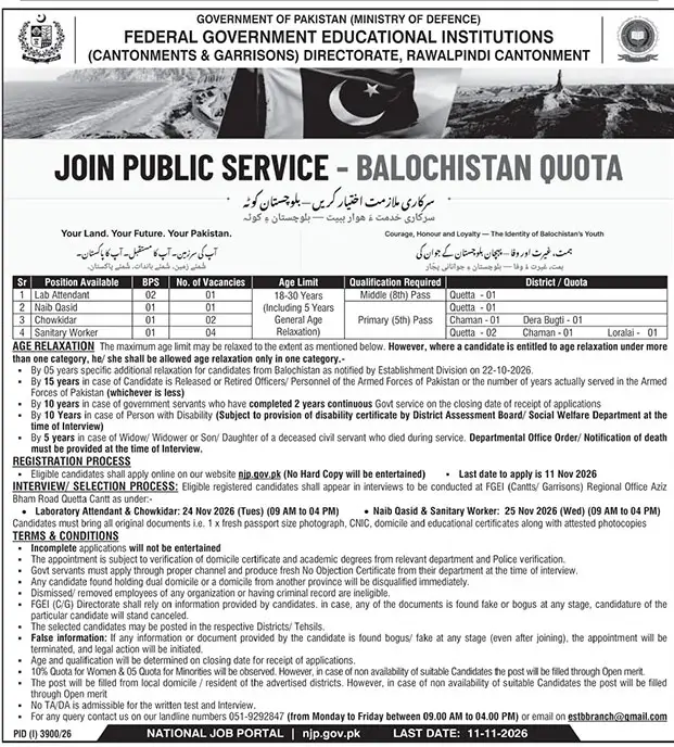 Job advertisement for Federal Government Educational Institutions (Cantonments and Garrisons) Directorate (FGEI) - The News International October 29, 2026