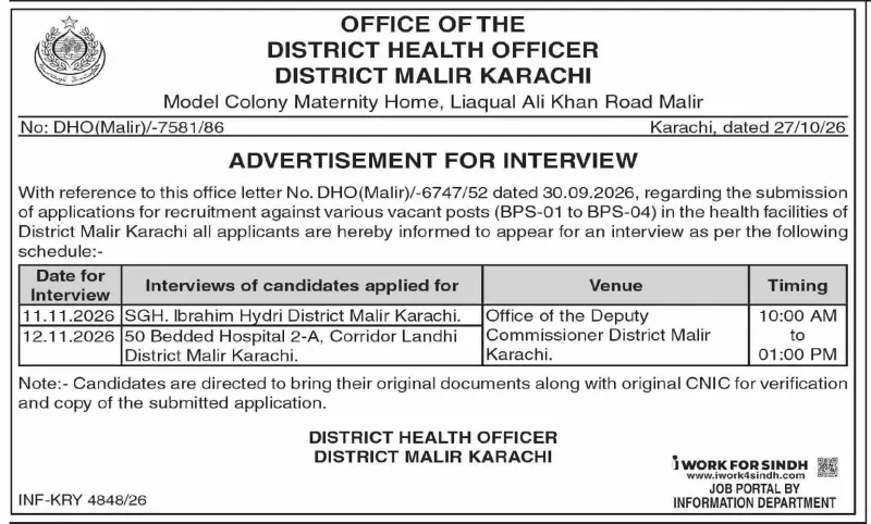 Job advertisement for Office of the District Health Officer, District Malir Karachi - Dawn October 29, 2026