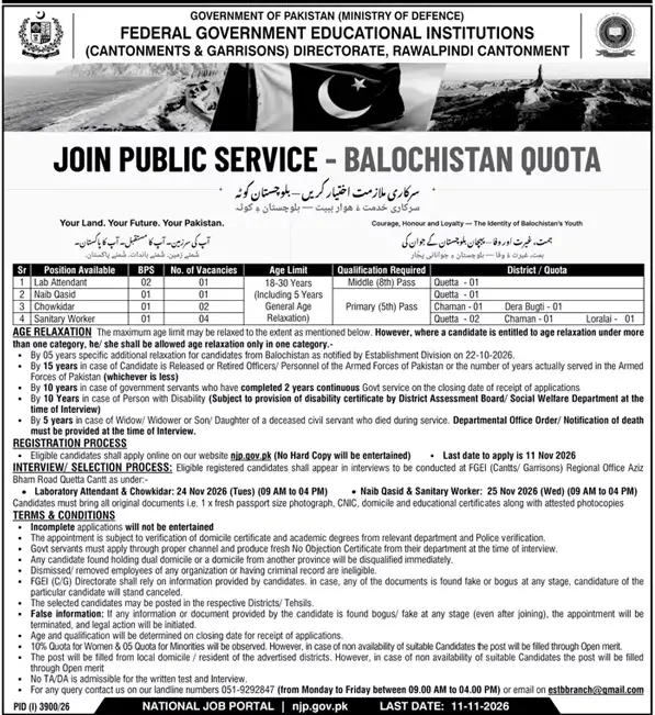Job advertisement for Federal Government Educational Institutions (Cantonments and Garrisons) Directorate (FGEI) - Daily Dunya October 29, 2026