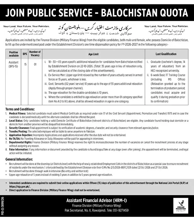 Job advertisement for Finance Division (Military Finance Wing) - The News International October 29, 2026