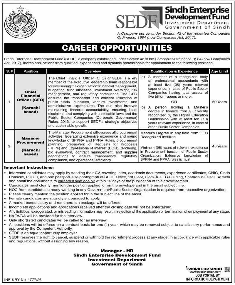 Job advertisement for Sindh Enterprise Development Fund (SEDF) - Dawn October 29, 2026