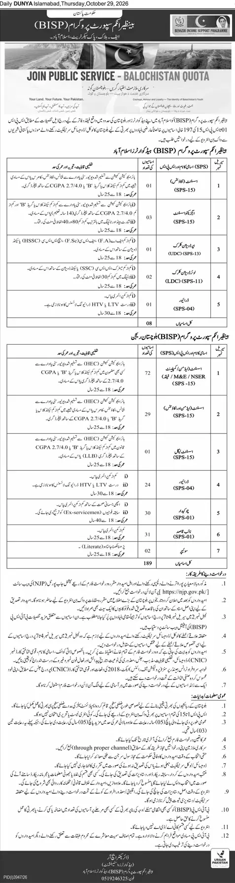 Job advertisement for Benazir Income Support Programme (BISP) - Daily Dunya October 29, 2026