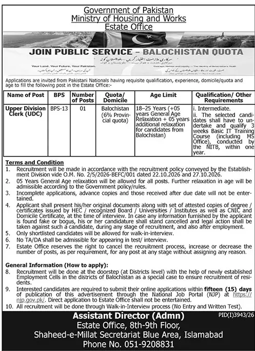 Job advertisement for Estate Office, Ministry of Housing and Works - The News International October 29, 2026