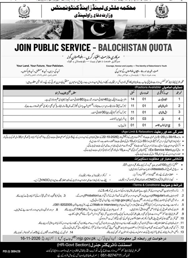 Job advertisement for Military Lands and Cantonments Department - Daily Dunya October 29, 2026