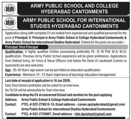Job advertisement for Army Public School & College Hyderabad Cantonments and Army Public School for International Studies Hyderabad Cantonments - The Nation June 7, 2026