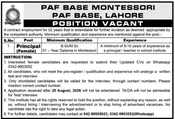 Job advertisement for PAF Base Montessori - The Nation August 21, 2026