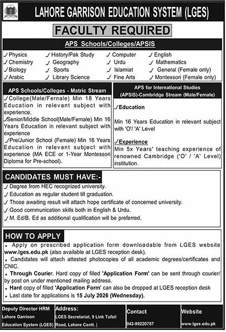 Job advertisement for Lahore Garrison Education System (LGES) - Nawa-i-Waqt June 14, 2026