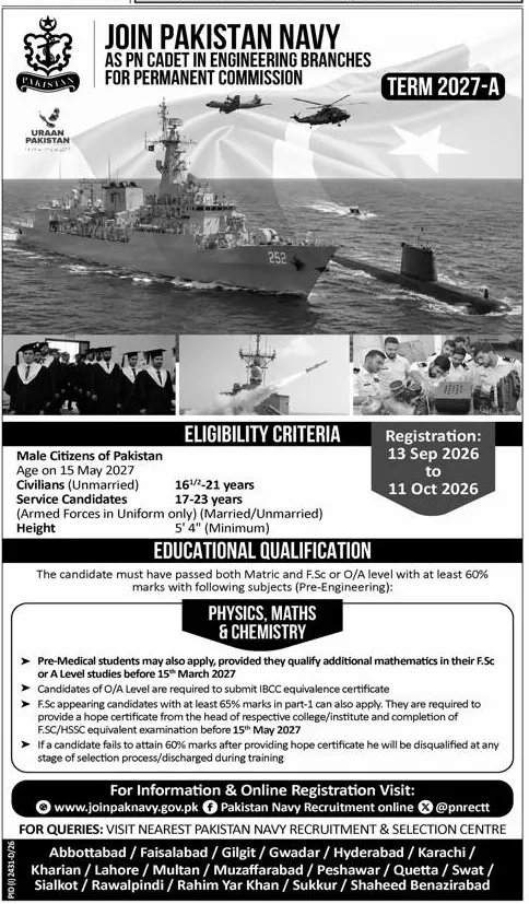 Job advertisement for Pakistan Navy - Express September 13, 2026