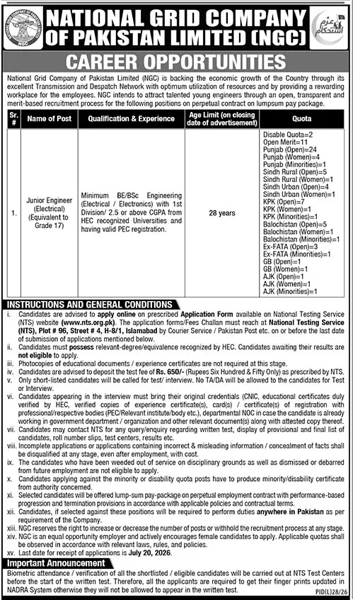 Job advertisement for National Grid Company of Pakistan Limited (NGC) - The News International July 5, 2026