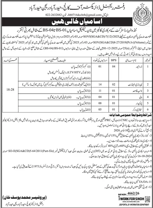 Job advertisement for Regional Directorate of Colleges, Hyderabad Region - Daily Jang October 30, 2026