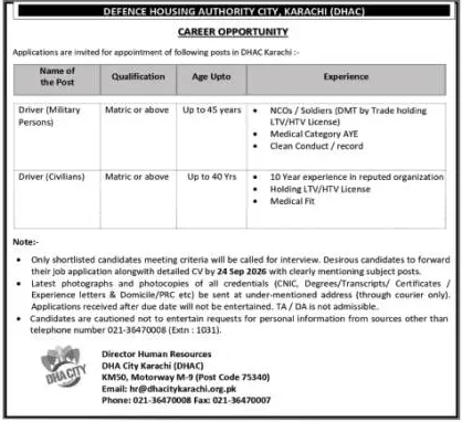 Job advertisement for Defence Housing Authority City, Karachi (DHAC) - The Nation September 23, 2026