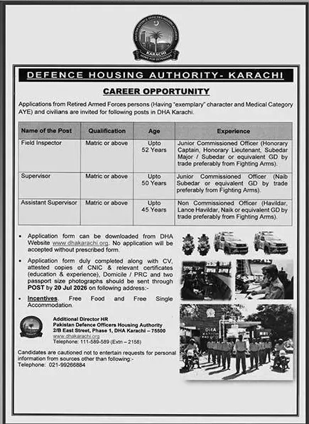 Job advertisement for Defence Housing Authority Karachi (DHA) - Nawa-i-Waqt July 12, 2026