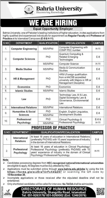 Job advertisement for Bahria University - Express October 25, 2026