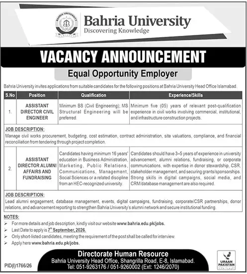 Job advertisement for Bahria University - The News International August 23, 2026