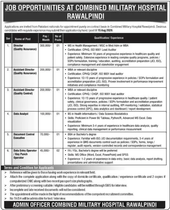 Job advertisement for Combined Military Hospital Rawalpindi - The Nation August 2, 2026