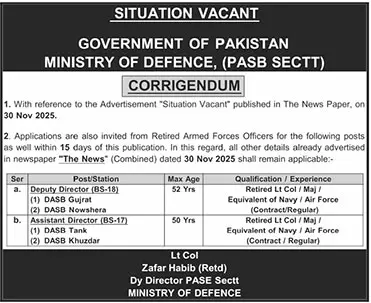 Job advertisement for Ministry of Defence - The News International June 25, 2026