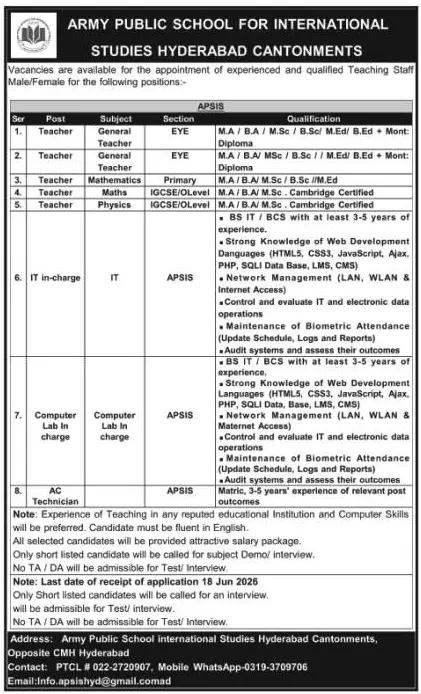Job advertisement for Army Public School for International Studies (APSIS) - The Nation June 14, 2026