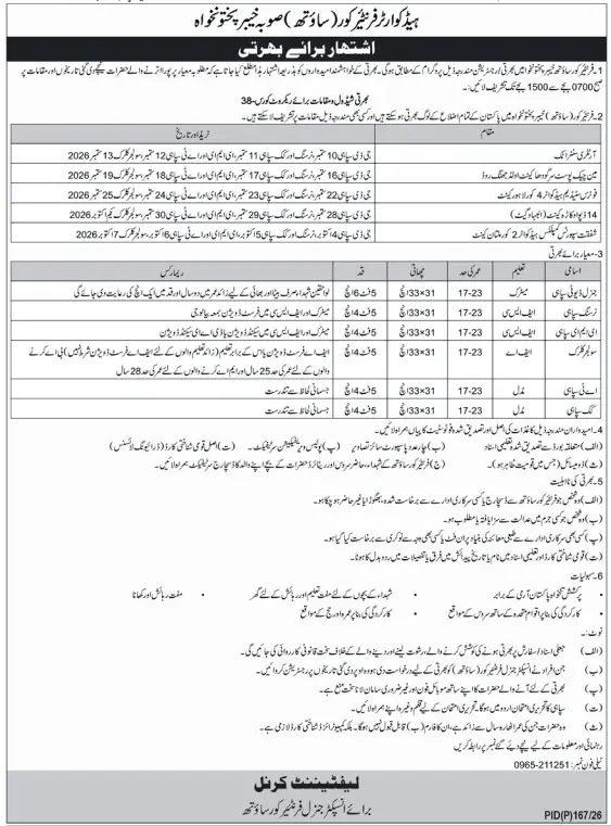Job advertisement for Frontier Corps South Khyber Pakhtunkhwa - Nawa-i-Waqt August 25, 2026