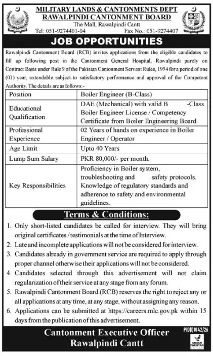 Job advertisement for Rawalpindi Cantonment Board (RCB) - The Nation August 2, 2026
