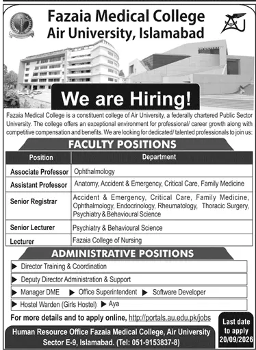 Job advertisement for Fazaia Medical College, Air University - Daily Jang September 6, 2026