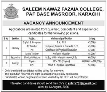 Job advertisement for Saleem Nawaz Fazaia College - Express August 2, 2026