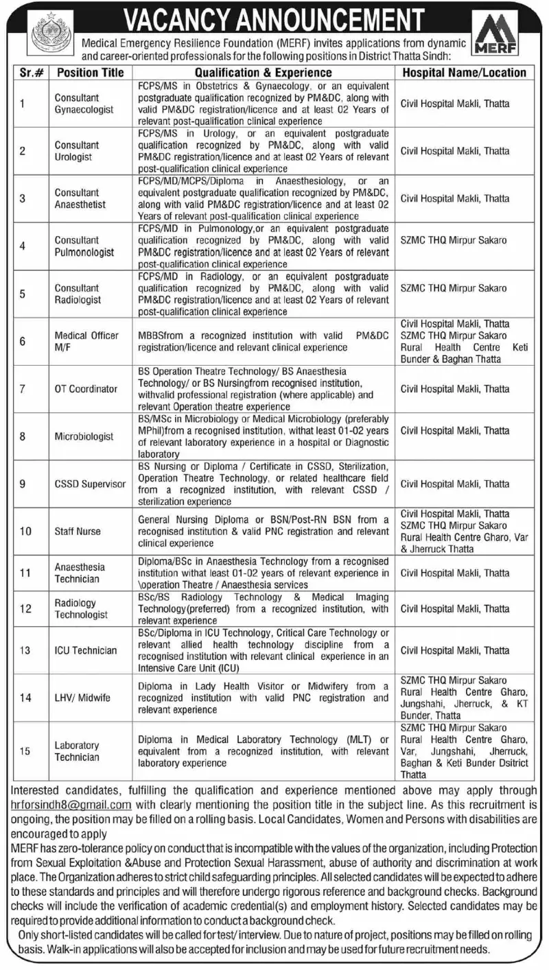 Job advertisement for Medical Emergency Resilience Foundation (MERF) - Dawn October 30, 2026