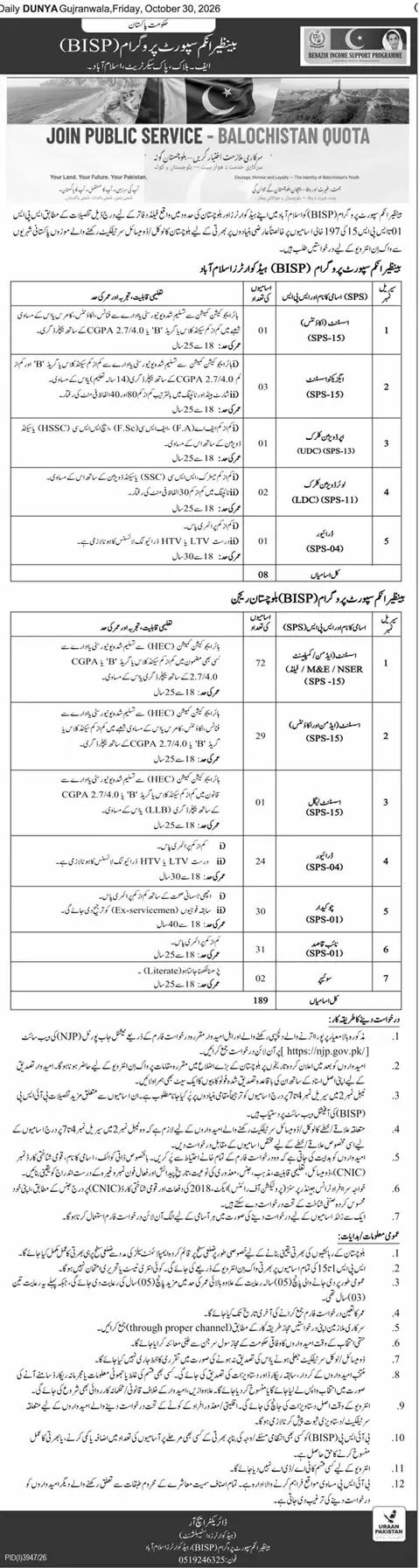Job advertisement for Benazir Income Support Programme (BISP) - Daily Dunya October 30, 2026